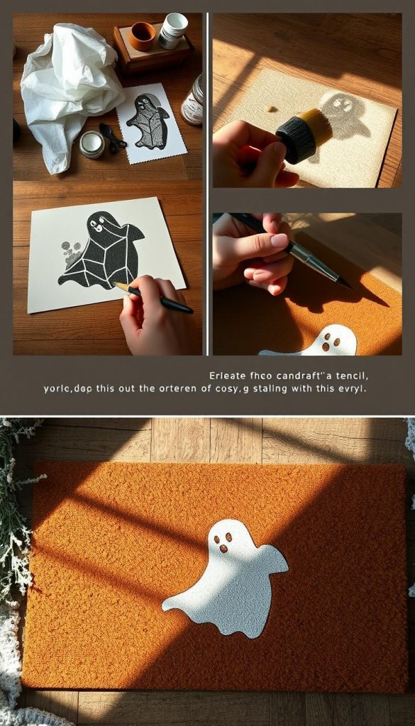 A detailed step-by-step guide for creating a cozy, handcrafted Halloween doormat with a ghostly motif. The image showcases the process, from carefully crafting the stencil to the final brush strokes of paint. Warm, natural lighting illuminates the rustic wooden surface, complemented by a muted color palette of earthy tones. The composition features a close-up view, capturing the intricate textures and the artisanal, homemade quality of the project. Subtle winter vibes and a Pinterest-inspired aesthetic evoke a sense of authenticity and inspiration.