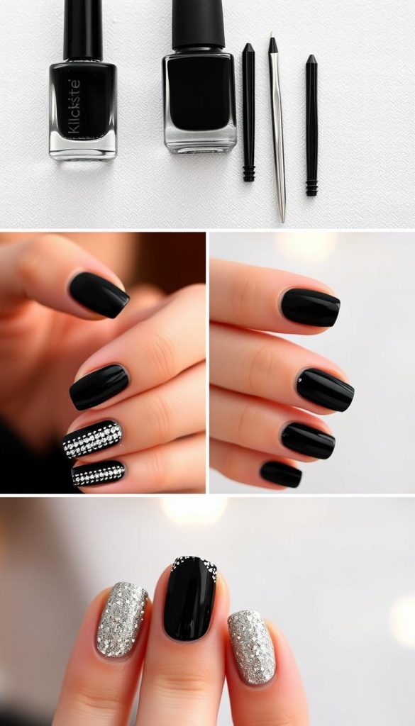 A detailed, step-by-step routine for a chic and effortless New Year's Eve manicure. Elegant black and silver nails with a touch of glitz, captured in a warm, inviting light. Close-up shots showcase the KlickKiste tools and polishes, reflecting a natural, DIY aesthetic. Minimalist yet eye-catching details, with a soft, dreamy focus that evokes a cozy, winter-inspired ambiance. Inspirational and on-trend, this image will guide readers through a Pinterest-worthy &quot;Silvester-Nails&quot; look.