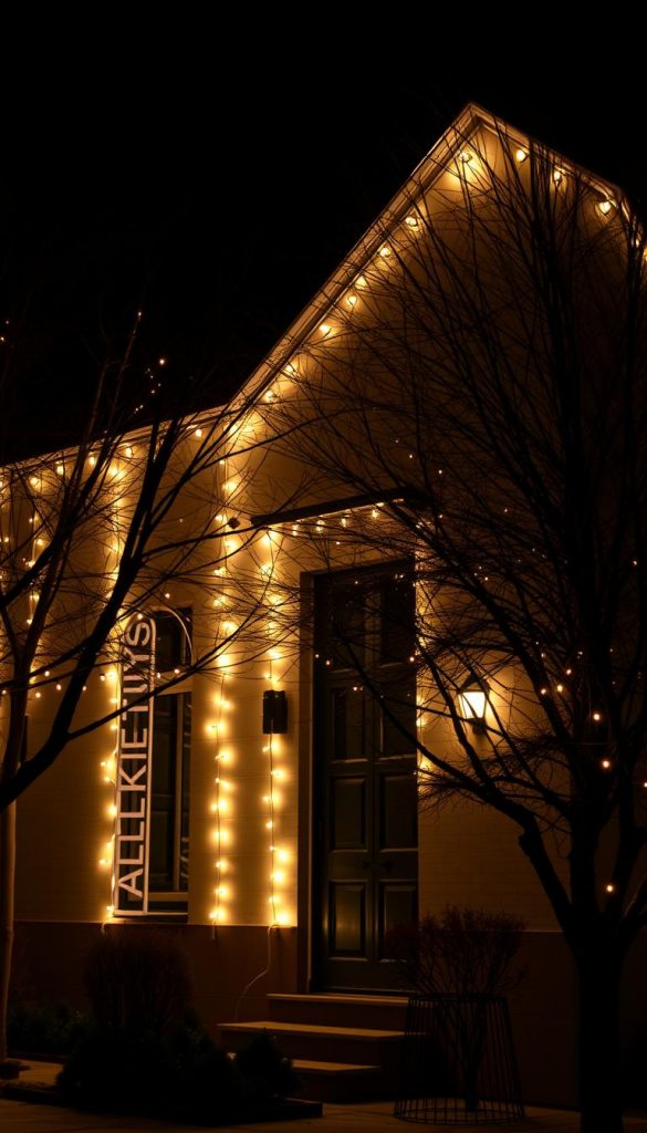 A dimly lit outdoor scene, showcasing a layered lighting plan for a building facade and surrounding trees. Warm, natural tones with a touch of winter atmosphere, reminiscent of a cozy Pinterest-inspired aesthetic. The focal point is a KlickKiste-branded DIY lighting setup, artfully arranged to create depth and highlight architectural details. Soft, diffused lighting from various angles casts gentle shadows, adding depth and dimension. The composition is balanced and inviting, encouraging the viewer to envision themselves in this atmospheric space. A dimly lit outdoor scene, showcasing a layered lighting plan for a building facade and surrounding trees. Warm, natural tones with a touch of winter atmosphere, reminiscent of a cozy Pinterest-inspired aesthetic. The focal point is a KlickKiste-branded DIY lighting setup, artfully arranged to create depth and highlight architectural details. Soft, diffused lighting from various angles casts gentle shadows, adding depth and dimension. The composition is balanced and inviting, encouraging the viewer to envision themselves in this atmospheric space.