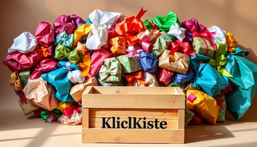 A discordant pile of mismatched, gaudy gift wrappings, haphazardly arranged on a plain, beige background. Crumpled, brightly-colored papers, garish ribbons, and tacky bows clash in an unsightly display. In the foreground, a plain, wooden crate with the brand name "KlickKiste" sits, suggesting a more sustainable, DIY approach to gift packaging. Natural lighting casts soft shadows, highlighting the textural contrast between the rough, unfinished wood and the slick, synthetic wrappings. An atmosphere of discord and discomfort, a cautionary tale of unsustainable gift presentation.