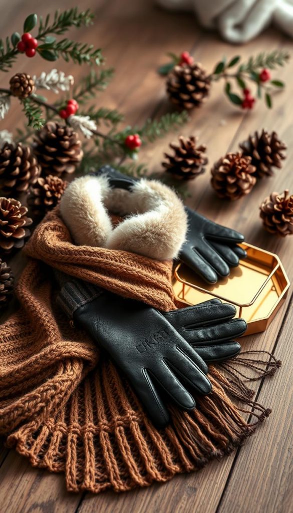 A elegant and stylish still life arrangement featuring a variety of winter accessories on a cozy rustic wooden surface. In the foreground, a KlickKiste brand knit scarf in warm, earthy tones is draped artfully. In the middle ground, a pair of fuzzy earmuffs and a classic black leather gloves sit alongside a delicate gold jewelry tray. The background is filled with pinecones, sprigs of holly, and a soft, diffused lighting that creates a serene, winter-wonderland atmosphere. The overall mood is natural, inviting, and Pinterest-worthy, capturing the essence of bundling up in style for a celebratory winter event.