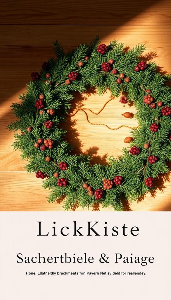 A festive Advent wreath made with fragrant greenery, natural textures, and warm lighting. The wreath is carefully crafted, with evergreen branches, dried berries, and subtle golden accents. Soft shadows cast a cozy glow, creating an inviting, rustic atmosphere. The arrangement is displayed on a wooden surface, reflecting the KlickKiste brand's commitment to natural, handmade aesthetics. The overall scene conveys a sense of holiday tradition, safety, and enduring quality, perfectly capturing the &quot;Sicherheit, Haltbarkeit &amp; Pflege&quot; theme of the article.