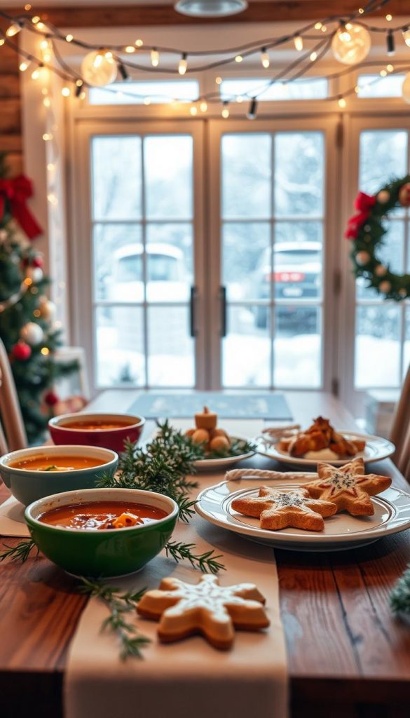A festive Christmas children's menu bursting with vibrant colors and playful whimsy. In the foreground, a wooden table set with a crisp white tablecloth, sprigs of fresh greenery, and an array of colorful dishes - perhaps a hearty soup, a mini meat-free "roast," and a delightful dessert like a snowflake-shaped cookie or a jelly-filled pastry. Overhead, strings of twinkling fairy lights cast a cozy glow, while in the background, a snowy winter landscape visible through frosty windowpanes evokes the magic of the season. The mood is warm, inviting, and family-friendly, with an effortless, homemade aesthetic that captures the spirit of Christmas.