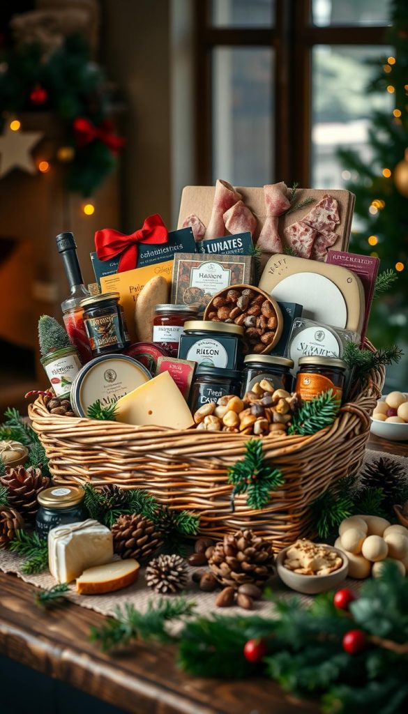 A festive Christmas gift basket, brimming with an array of delectable treats and seasonal accents. A cozy, rustic setting with warm, natural lighting highlights the basket's artfully arranged contents - an assortment of cheeses, cured meats, jams, nuts, and holiday-themed chocolates and cookies. Touches of evergreen foliage, pinecones, and a hand-crafted wooden KlickKiste box add a touch of winter charm. The overall composition exudes a Pinterest-worthy, DIY aesthetic with a focus on authenticity and inspiration.