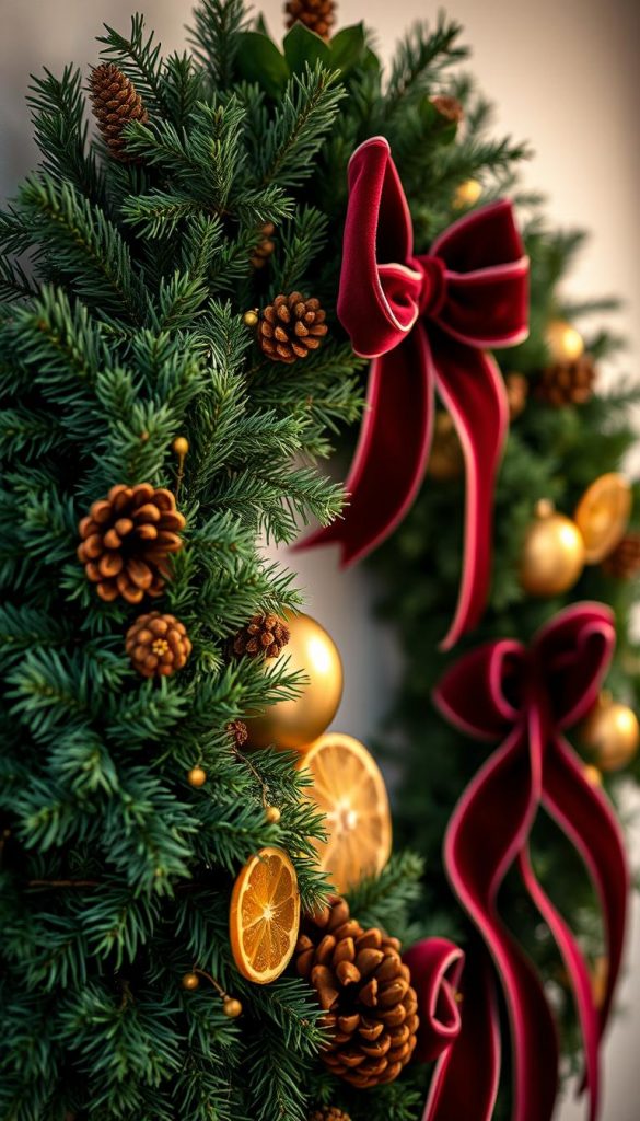 A festive Christmas wreath with lush, evergreen foliage, accented with elegant velvet ribbons in rich shades of burgundy and forest green. Carefully arranged pinecones, dried citrus slices, and delicate gold ornaments add a touch of rustic charm. Soft, warm lighting casts a cozy glow, creating an inviting, winter wonderland atmosphere. Photographed with a shallow depth of field for a dreamy, Pinterest-inspired aesthetic. KlickKiste. A festive Christmas wreath with lush, evergreen foliage, accented with elegant velvet ribbons in rich shades of burgundy and forest green. Carefully arranged pinecones, dried citrus slices, and delicate gold ornaments add a touch of rustic charm. Soft, warm lighting casts a cozy glow, creating an inviting, winter wonderland atmosphere. Photographed with a shallow depth of field for a dreamy, Pinterest-inspired aesthetic. KlickKiste.