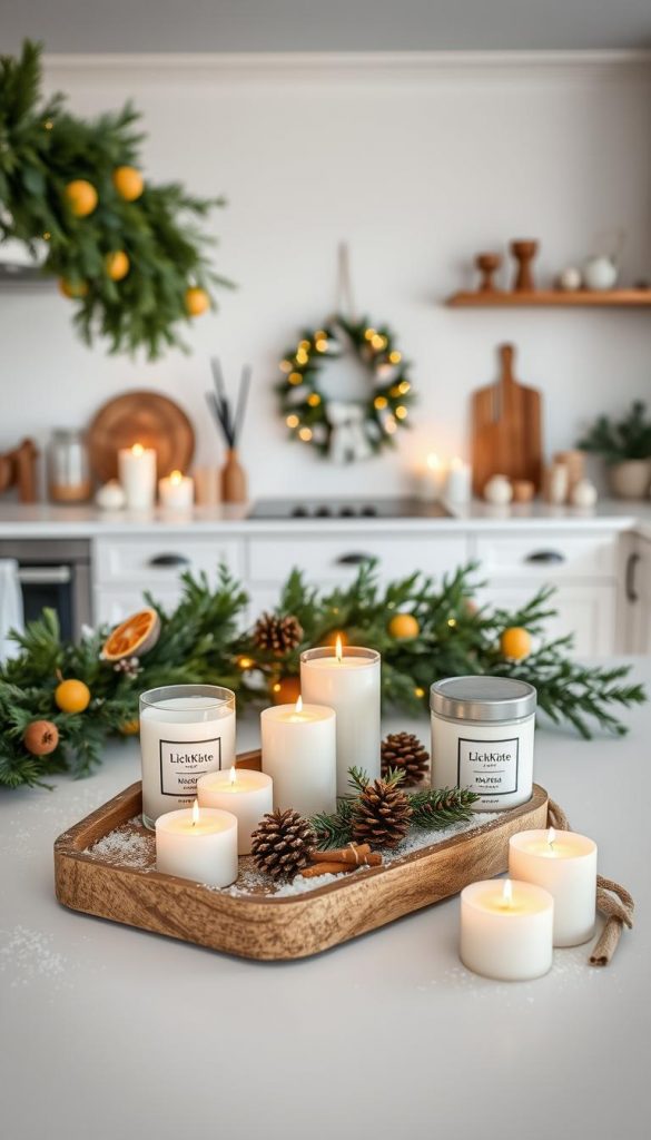 A festive and cozy kitchen island, adorned with a natural garland of evergreen branches, dried citrus slices, and cinnamon sticks. In the foreground, a rustic wooden tray holds an assortment of KlickKiste candles, surrounded by pinecones and a sprinkling of snow. The middle ground features a handcrafted wreath with a warm glow, complemented by a set of simple, minimalist Christmas decorations. The background showcases a clean, white kitchen with clean lines and wooden accents, creating a harmonious, winter-inspired atmosphere. Soft, diffused lighting casts a gentle glow, evoking a sense of hygge and inviting the viewer to linger and savor the moment.