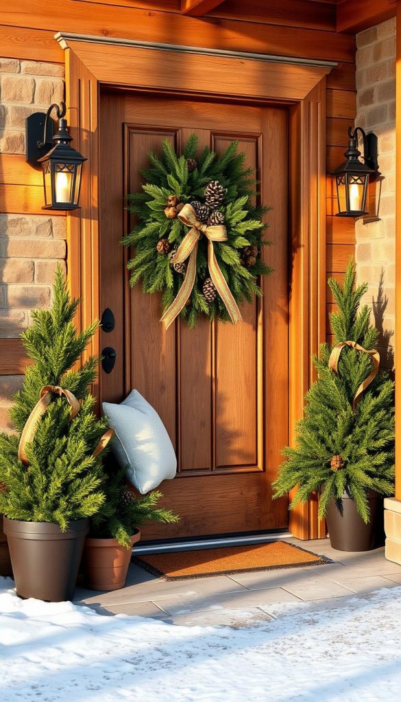 A festive and inviting entryway with a rustic wooden front door adorned with a wreath of fresh pine, pinecones, and ribbons. The door is flanked by potted evergreen plants and a cozy bench with plush pillows, creating a welcoming winter scene. Warm lighting from a wall-mounted lantern casts a soft glow, casting long shadows and adding to the cozy ambiance. The scene is framed by a light dusting of snow on the ground, enhancing the winter wonderland feel. The overall composition has a natural, DIY-inspired aesthetic with a touch of Pinterest-worthy charm.