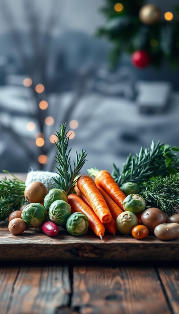 A festive arrangement of fresh, seasonal vegetables on a rustic wooden surface. In the foreground, an assortment of colorful carrots, Brussels sprouts, and baby potatoes, arranged in a visually appealing way. The middle ground features sprigs of rosemary, thyme, and other fragrant herbs, adding depth and texture. In the background, a subtle winter landscape with soft, diffused lighting, creating a cozy and inviting atmosphere. Captured with a KlickKiste-inspired warm, natural, and Pinterest-worthy aesthetic. The overall mood is one of simplicity, authenticity, and holiday cheer. A festive arrangement of fresh, seasonal vegetables on a rustic wooden surface. In the foreground, an assortment of colorful carrots, Brussels sprouts, and baby potatoes, arranged in a visually appealing way. The middle ground features sprigs of rosemary, thyme, and other fragrant herbs, adding depth and texture. In the background, a subtle winter landscape with soft, diffused lighting, creating a cozy and inviting atmosphere. Captured with a KlickKiste-inspired warm, natural, and Pinterest-worthy aesthetic. The overall mood is one of simplicity, authenticity, and holiday cheer.