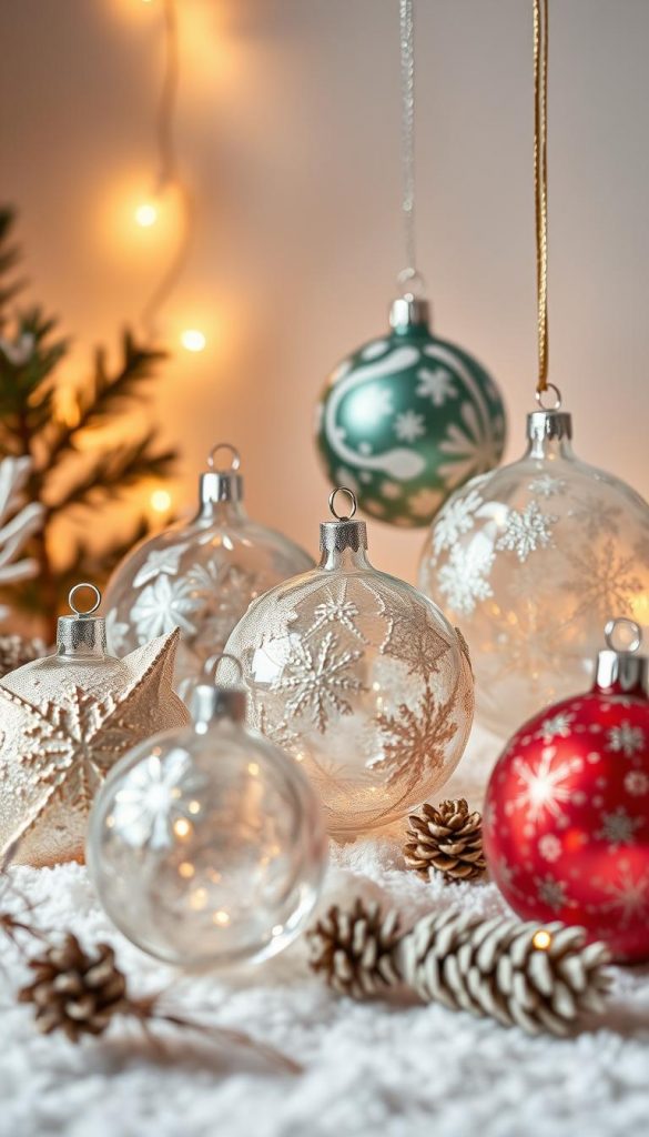 A festive arrangement of unique Christmas ornaments, showcasing a captivating fusion of glass, acrylic, and gypsum. Soft, warm lighting illuminates the scene, casting a cozy, inviting glow. The ornaments are meticulously crafted, featuring intricate patterns and textures that evoke a sense of artisanal charm. A neutral, minimalist backdrop allows the ornaments to take center stage, creating a visually striking and Pinterest-worthy display. The overall aesthetic is natural, authentic, and inspirational, reflecting the beauty of DIY holiday decor. Crisp, high-resolution photography captures the ornaments' delicate details and the serene, winter-inspired atmosphere.