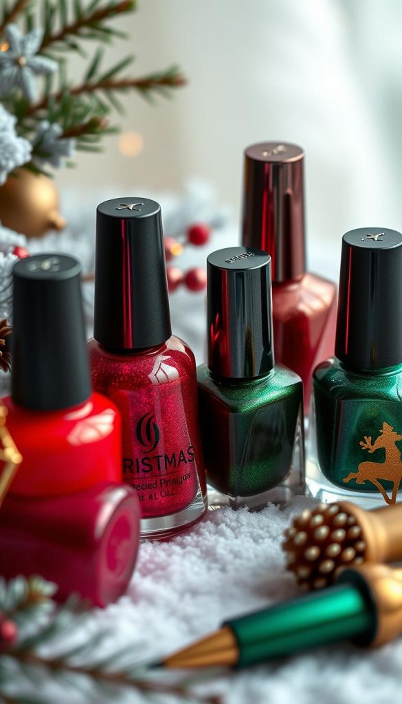 A festive arrangement of vibrant, jewel-toned nail polish bottles and Christmas-themed nail art tools, showcased against a soft, cozy background with hints of winter greenery. The bottles are meticulously arranged, capturing the rich, satin-like textures and the alluring hues of crimson, emerald, and gold. Soft, diffused lighting creates a warm, inviting atmosphere, while the composition is balanced and visually appealing, highlighting the holiday-inspired palette and the artisanal nature of the nail care products. The overall aesthetic evokes a sense of festive elegance and DIY-inspired charm, perfect for inspiring vibrant, on-trend holiday nail designs.