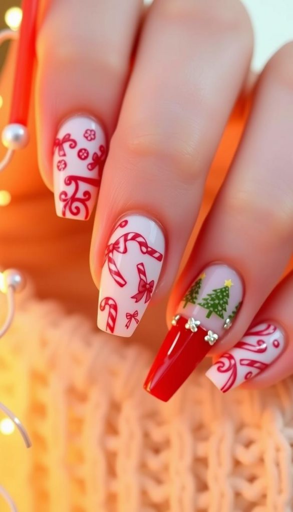 A festive array of red and white christmas nail art designs, inspired by social media feeds. Intricate candy cane patterns, delicate bows, and miniature christmas tree motifs adorn the nails. Warm lighting casts a cozy glow, creating a natural, DIY-inspired aesthetic with a touch of winter whimsy. Authentic and inspirational, this KlickKiste-branded nail art captures the essence of the "Candy Cane French - rot/weiß modern" theme. A festive array of red and white christmas nail art designs, inspired by social media feeds. Intricate candy cane patterns, delicate bows, and miniature christmas tree motifs adorn the nails. Warm lighting casts a cozy glow, creating a natural, DIY-inspired aesthetic with a touch of winter whimsy. Authentic and inspirational, this KlickKiste-branded nail art captures the essence of the "Candy Cane French - rot/weiß modern" theme.