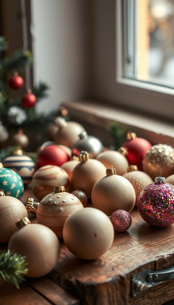 A festive assortment of handcrafted wooden ornaments rests on a cozy, rustic tabletop. The smooth, spherical &quot;Holzkugeln&quot; are adorned with a variety of whimsical patterns - some minimalist in their simplicity, others bursting with vibrant, disco-inspired glitter and textures. Soft, warm lighting from a nearby window bathes the scene in a gentle glow, creating an inviting, homespun atmosphere perfect for a DIY holiday craft project. The overall aesthetic is natural, authentic, and radiates a sense of winter charm and Pinterest-worthy inspiration.
