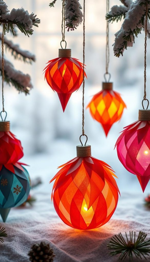 A festive display of handcrafted Christmas ornaments, each adorned with vibrant sheets of silk paper. The ornaments, in a variety of shapes and sizes, cast a warm, inviting glow under the soft lighting of a cozy winter scene. The background is a blurred, muted landscape, allowing the ornaments to take center stage. The overall atmosphere is one of homemade charm and seasonal wonder, perfect for a child's craft project or a rustic holiday display.