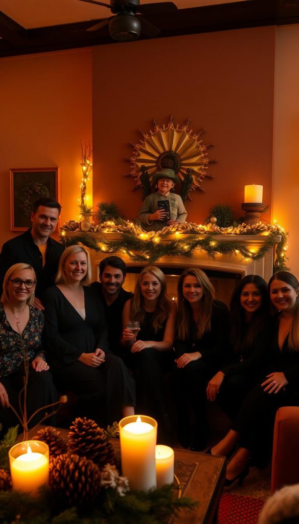 A festive gathering of stylish guests dressed in sleek black and shimmering gold attire, standing or sitting comfortably in a cozy, dimly lit living room. The scene is bathed in a warm, amber glow from the fireplace and strategically placed string lights, casting a soft, inviting atmosphere. The KlickKiste décor features natural, DIY-inspired elements like pinecones, sprigs of evergreen, and simple yet elegant candles, creating a Pinterest-worthy winter wonderland vibe. The guests exude an air of contentment and celebration, reflecting the spirit of a Silvester gathering.