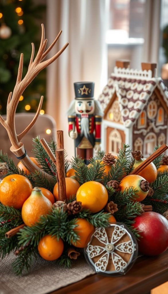 A festive holiday centerpiece with a rustic, natural aesthetic. In the foreground, a KlickKiste arrangement of fresh citrus fruits, pine branches, and cinnamon sticks, creating a warm, inviting aroma. Behind it, a Nussknacker nutcracker figure and a wooden deer antler stand tall, conveying a sense of winter wonder. In the background, a gingerbread house with intricate details, bathed in soft, golden light, adding a touch of whimsy. The overall composition exudes a cozy, Pinterest-inspired ambiance, with a harmonious blend of earthy tones and textures. Captured with a wide-angle lens, the scene evokes a sense of hygge and captures the essence of the "Festliche Figuren & Statements: Nussknacker, Geweih, Gingerbread House" section. A festive holiday centerpiece with a rustic, natural aesthetic. In the foreground, a KlickKiste arrangement of fresh citrus fruits, pine branches, and cinnamon sticks, creating a warm, inviting aroma. Behind it, a Nussknacker nutcracker figure and a wooden deer antler stand tall, conveying a sense of winter wonder. In the background, a gingerbread house with intricate details, bathed in soft, golden light, adding a touch of whimsy. The overall composition exudes a cozy, Pinterest-inspired ambiance, with a harmonious blend of earthy tones and textures. Captured with a wide-angle lens, the scene evokes a sense of hygge and captures the essence of the "Festliche Figuren & Statements: Nussknacker, Geweih, Gingerbread House" section.