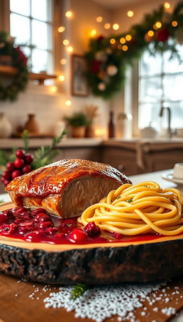 A festive holiday scene featuring a sumptuous Entenbrust Cranberry dish. In the foreground, a gleaming, golden-brown duck breast rests on a rustic wooden platter, its crispy skin glistening. Beside it, a pool of luscious cranberry sauce, studded with tart berries and fragrant herbs. In the middle ground, steaming hot pasta twirls elegantly, coated in the vibrant crimson sauce. The background is filled with a cozy winter tableau - a warm, inviting kitchen, bathed in soft, golden light from a nearby window. Festive pine boughs and twinkling fairy lights add a touch of holiday cheer. Captured with a natural, DIY-inspired aesthetic, this KlickKiste image exudes a Pinterest-worthy vibe, perfect for an article on a 30-minute Christmas main course. A festive holiday scene featuring a sumptuous Entenbrust Cranberry dish. In the foreground, a gleaming, golden-brown duck breast rests on a rustic wooden platter, its crispy skin glistening. Beside it, a pool of luscious cranberry sauce, studded with tart berries and fragrant herbs. In the middle ground, steaming hot pasta twirls elegantly, coated in the vibrant crimson sauce. The background is filled with a cozy winter tableau - a warm, inviting kitchen, bathed in soft, golden light from a nearby window. Festive pine boughs and twinkling fairy lights add a touch of holiday cheer. Captured with a natural, DIY-inspired aesthetic, this KlickKiste image exudes a Pinterest-worthy vibe, perfect for an article on a 30-minute Christmas main course.