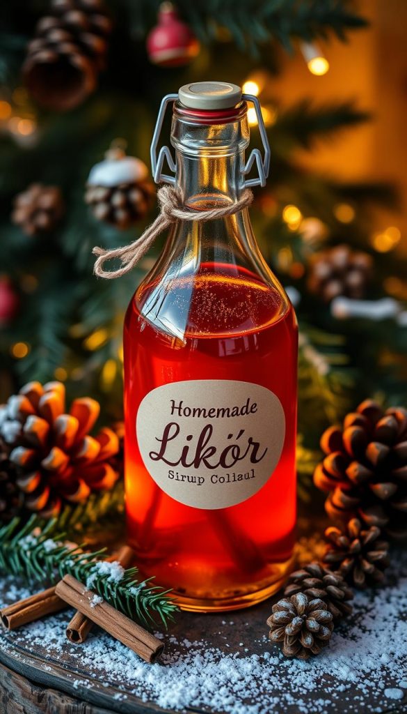 A festive homemade sirup likör in a glass bottle, illuminated by soft, warm lighting. The deep amber liquid reflects the cozy winter atmosphere, with hints of cinnamon, cloves, and orange peel visible. The bottle is placed on a rustic wooden surface, surrounded by seasonal greenery, pine cones, and a dusting of snow. The scene evokes a sense of heartfelt, handcrafted charm, perfect for gifting during the holiday season. A festive homemade sirup likör in a glass bottle, illuminated by soft, warm lighting. The deep amber liquid reflects the cozy winter atmosphere, with hints of cinnamon, cloves, and orange peel visible. The bottle is placed on a rustic wooden surface, surrounded by seasonal greenery, pine cones, and a dusting of snow. The scene evokes a sense of heartfelt, handcrafted charm, perfect for gifting during the holiday season.