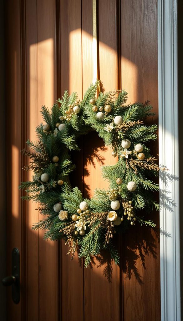 A festive, rustic wreath made of lush, verdant fir branches and delicate dried flowers. The intricate arrangement casts warm, gentle shadows in the soft, natural lighting of a cozy entryway. Touches of gold and copper accents glimmer, adding a touch of elevated elegance. The wreath's earthy, winter-inspired design evokes a sense of timeless, Nordic charm, perfectly complementing the wooden door and inviting the viewer into a space of seasonal comfort and charm.