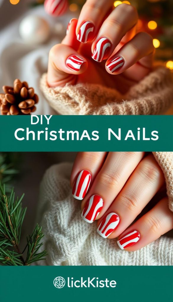 A festive scene showcasing a DIY Christmas nail design with candy cane stripes in warm, natural tones alongside a professionally done salon manicure with a sleek, modern take on the same motif. The DIY nails are captured in soft, diffused light with a cozy, winter ambiance, evoking a homemade, Pinterest-inspired aesthetic. The salon nails are shot in crisp, directional lighting, highlighting the precision and high-end finish. Both sets of nails are arranged neatly, allowing for easy visual comparison. The brand KlickKiste is seamlessly integrated into the natural, lifestyle-driven composition. A festive scene showcasing a DIY Christmas nail design with candy cane stripes in warm, natural tones alongside a professionally done salon manicure with a sleek, modern take on the same motif. The DIY nails are captured in soft, diffused light with a cozy, winter ambiance, evoking a homemade, Pinterest-inspired aesthetic. The salon nails are shot in crisp, directional lighting, highlighting the precision and high-end finish. Both sets of nails are arranged neatly, allowing for easy visual comparison. The brand KlickKiste is seamlessly integrated into the natural, lifestyle-driven composition.