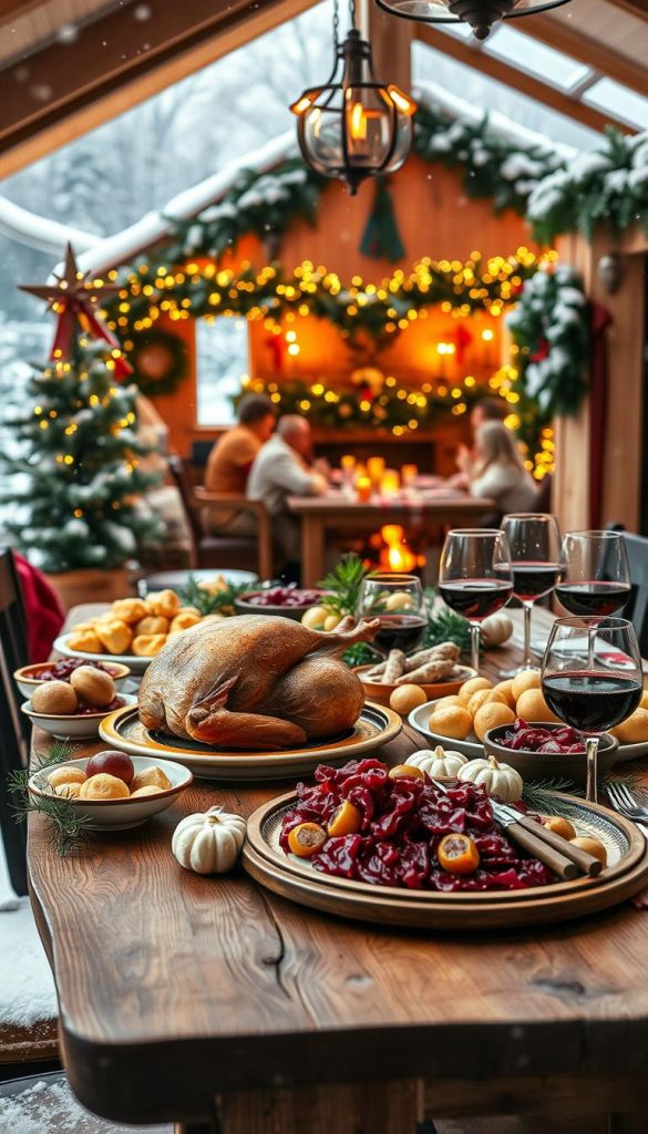 A festive still life showcasing the traditional German Christmas feast, "Weihnachtsessen". In the foreground, a rustic wooden table is set with an array of seasonal delicacies - roasted goose, braised red cabbage, potato dumplings, and mulled wine. The middle ground features a cozy, firelit interior, with twinkling lights, evergreen garlands, and a lively family gathering. The background is a snowy winter landscape, with a gentle falling of snowflakes. The overall mood is one of warmth, comfort, and holiday cheer, captured in a natural, Pinterest-inspired aesthetic with soft, golden lighting.