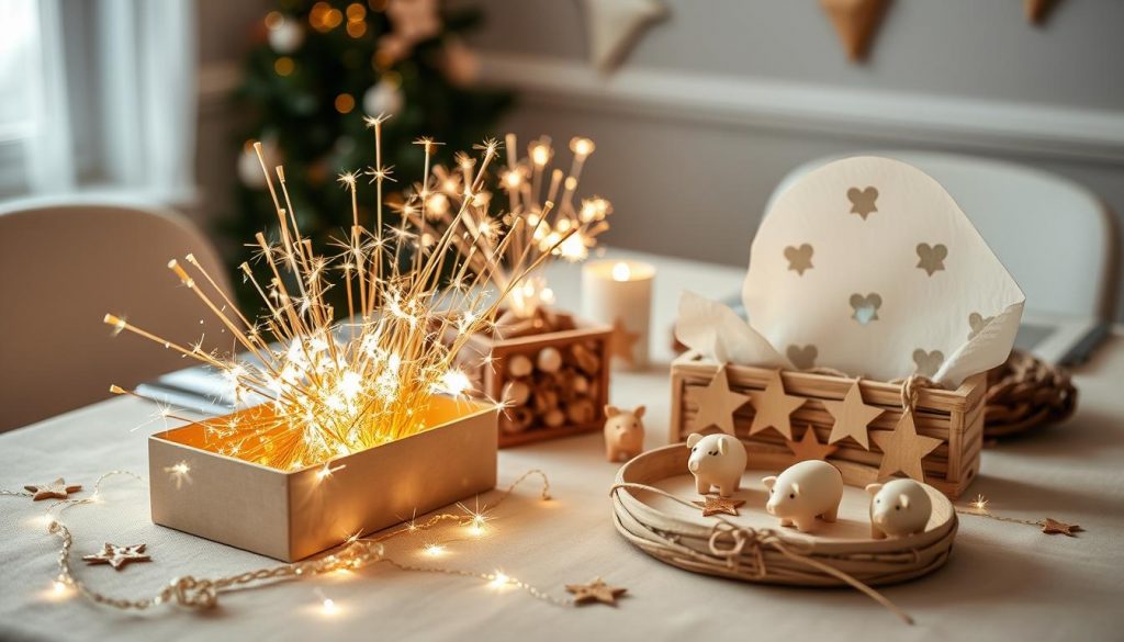 A festive table setting featuring a cluster of gleaming &quot;wunderkerzen&quot; (sparklers) nestled amidst a twinkling display of DIY accents. In the foreground, a KlickKiste box overflows with golden lametta, while delicate paper stars and miniature wooden pigs add whimsical touches. The middle ground showcases a serviette holder crafted from natural materials, its rustic charm complementing the warm, muted tones of the beige and white tabletop. Soft, diffused lighting casts a cozy glow, evoking the celebratory atmosphere of a Silvester gathering.