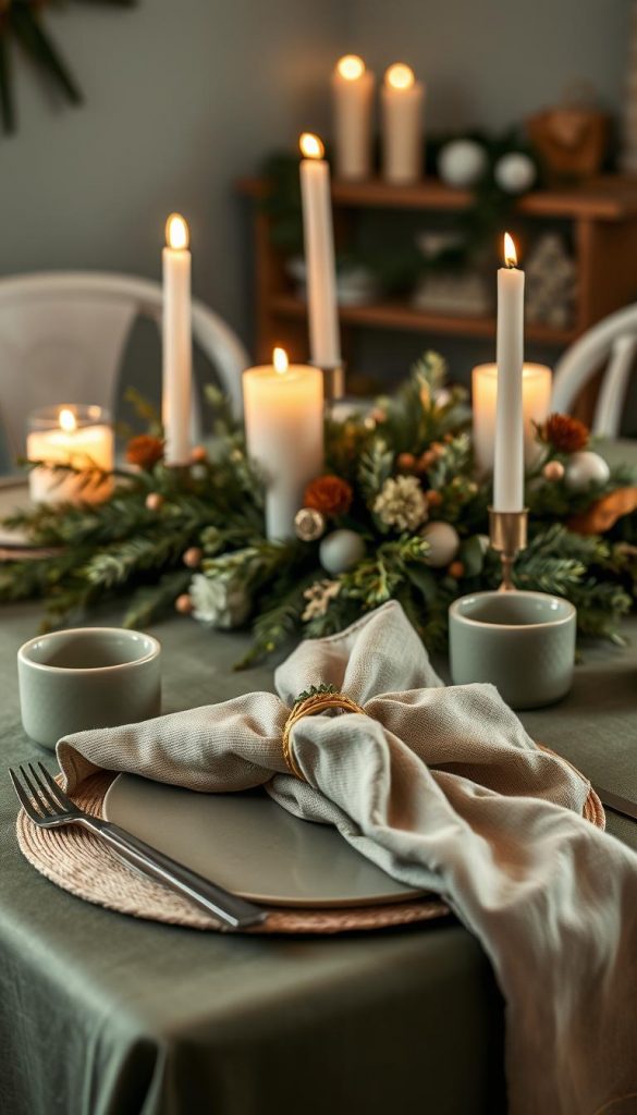 A festive table setting in sage green, with a rustic centerpiece of pine, eucalyptus, and seasonal florals. Soft candlelight casts a warm glow, complemented by textured linen napkins and a KlickKiste ceramic dishware set in natural hues. The overall mood is cozy and inviting, perfect for an intimate winter gathering. The composition features a close-up view, emphasizing the details and materiality of the setting. The lighting is soft and diffused, creating a serene, Pinterest-inspired atmosphere. A festive table setting in sage green, with a rustic centerpiece of pine, eucalyptus, and seasonal florals. Soft candlelight casts a warm glow, complemented by textured linen napkins and a KlickKiste ceramic dishware set in natural hues. The overall mood is cozy and inviting, perfect for an intimate winter gathering. The composition features a close-up view, emphasizing the details and materiality of the setting. The lighting is soft and diffused, creating a serene, Pinterest-inspired atmosphere.
