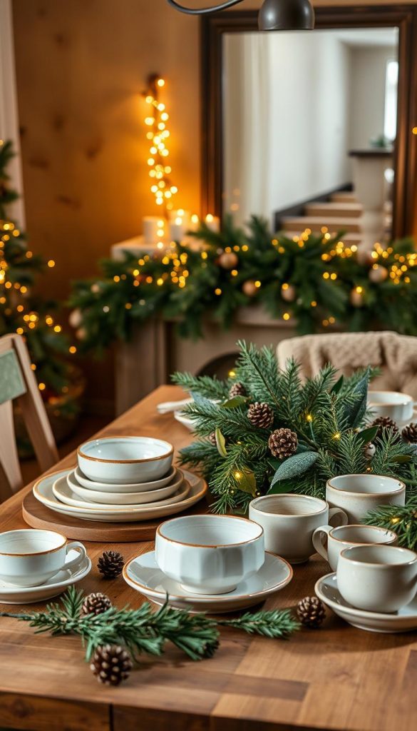 A festive table setting with a rustic, natural vibe. In the foreground, a wooden table is adorned with a lush, evergreen garland, accented by pinecones, twinkling fairy lights, and a scattering of fresh greenery. In the middle ground, an array of elegant, handcrafted ceramic plates, bowls, and mugs in neutral tones create a cozy, family-friendly atmosphere. The background features a warm, winter-inspired wall with a large, framed mirror reflecting the twinkling lights, lending an air of coziness and warmth. The overall scene is bathed in a soft, golden light, creating a magical, inviting ambiance perfect for a cherished holiday gathering.