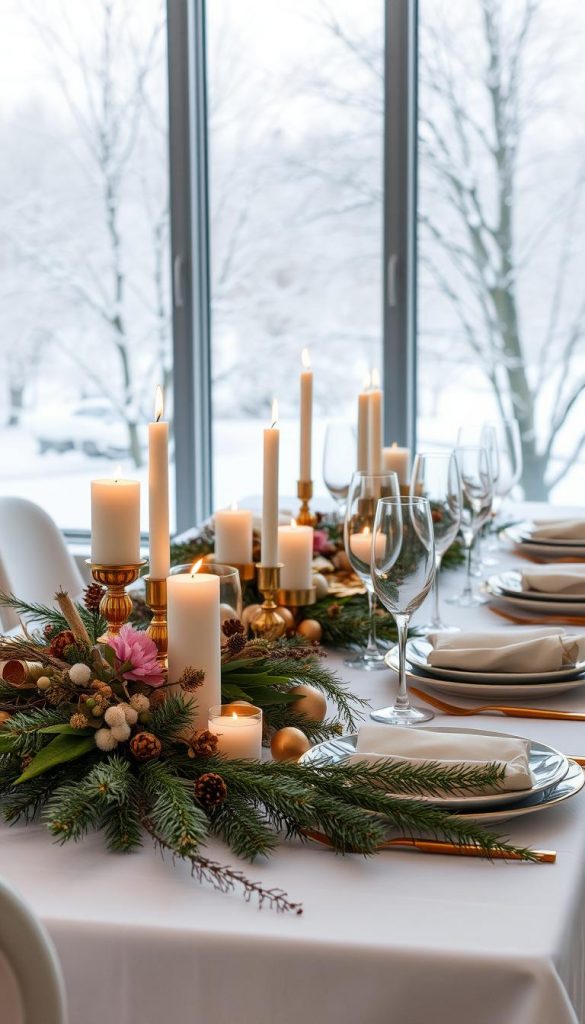 A festive table setting with a touch of winter elegance. In the foreground, a crisp white tablecloth adorned with a runner of pine branches, dried flowers, and glimmering gold accents. Clustered candles in various shapes and sizes cast a warm, cozy glow. In the middle ground, sleek champagne flutes and porcelain plates with subtle geometric patterns. The background features a large window overlooking a snowy landscape, allowing natural light to filter in and create a serene, winter wonderland atmosphere. The overall aesthetic is a harmonious blend of rustic, natural elements and refined, modern touches, evoking a sense of sophisticated celebration.