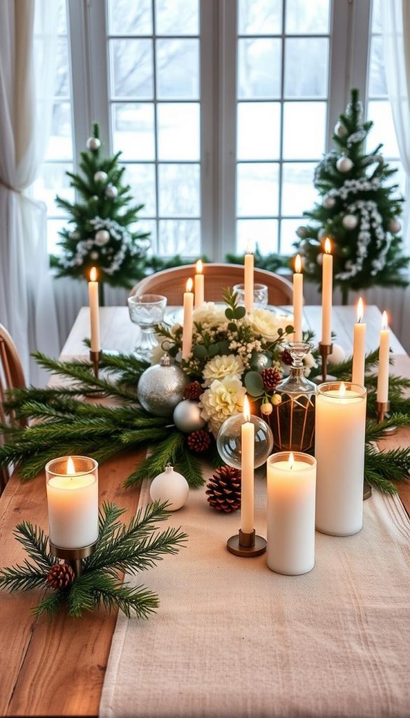 A festive tablescape with a warm, cozy atmosphere. In the foreground, a rustic wooden table dressed with a natural linen tablecloth, sprigs of fresh pine, and an array of tapered candles casting a soft glow. In the middle ground, a cluster of elegant glass ornaments, pinecones, and a simple floral centerpiece of white flowers and eucalyptus. The background hints at a winter wonderland, with a snowy landscape visible through large windows, accented by sheer white curtains. The overall aesthetic is a harmonious blend of Scandinavian simplicity and holiday glamour, inspiring a sense of hygge and wonder.