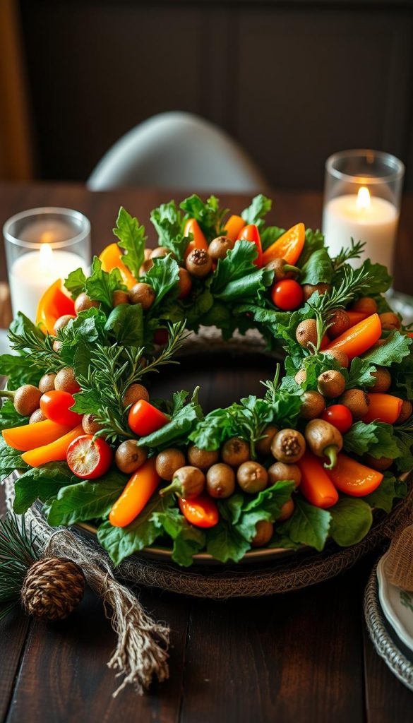A festive vegetable wreath graces the table, a centerpiece of seasonal delights. Crisp greens, vibrant bell peppers, and earthy root veggies are artfully arranged in a rustic, KlickKiste-inspired display. Warm lighting casts a cozy glow, inviting guests to indulge in this Pinterest-worthy winter wonder. Textural elements like jute and pine add natural accents, while a touch of whimsy comes from playful sprigs of rosemary. This authentic, homemade appetizer sets the stage for a memorable family feast, brimming with holiday cheer. A festive vegetable wreath graces the table, a centerpiece of seasonal delights. Crisp greens, vibrant bell peppers, and earthy root veggies are artfully arranged in a rustic, KlickKiste-inspired display. Warm lighting casts a cozy glow, inviting guests to indulge in this Pinterest-worthy winter wonder. Textural elements like jute and pine add natural accents, while a touch of whimsy comes from playful sprigs of rosemary. This authentic, homemade appetizer sets the stage for a memorable family feast, brimming with holiday cheer.