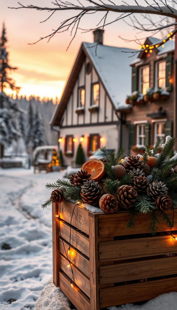 A festive winter scene of a charming German countryside home adorned with natural, homemade Christmas decorations. In the foreground, a KlickKiste wooden crate overflows with pinecones, dried orange slices, and sprigs of evergreen, casting a warm glow from its soft string lights. The middle ground features a quaint two-story house with a sloped roof and cozy window boxes, its exterior wrapped in a blanket of fresh snow. In the background, a snowy forest stretches out under a golden-pink sunset sky, lending a serene, Pinterest-worthy atmosphere. Soft, diffused lighting illuminates the scene, creating a welcoming, inviting ambiance perfect for a 2025 holiday home decor trend feature.