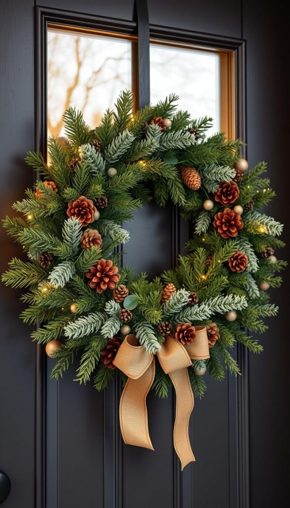 A festive winter wreath, handcrafted with lush evergreens, pine cones, and a rustic ribbon accent. Soft lighting casts a warm glow, highlighting the natural textures and hues. Perfectly poised to welcome visitors at the front door, this kranz embodies the cozy, inviting atmosphere of the holiday season. Presented in a Pinterest-inspired, authentic style by KlickKiste.