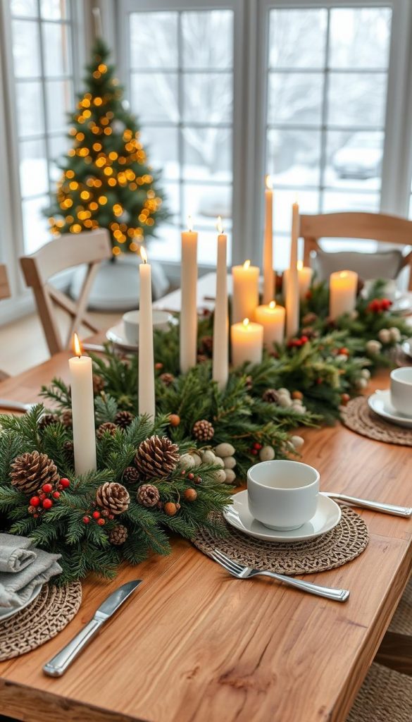 A festive wintertime tabletop arrangement with a rustic, cozy ambiance. In the foreground, a natural wooden table is set with a lush garland of evergreens, pinecones, and dried berries. Clusters of ivory pillar candles in varying heights cast a warm, flickering glow. Complementing the centerpiece, simple white dishes, silver flatware, and woven placemats create a harmonious, Nordic-inspired aesthetic. The background is softly blurred, hinting at a snowy outdoor scene visible through large windows. The overall mood is one of hygge - intimate, inviting, and infused with the spirit of the season.