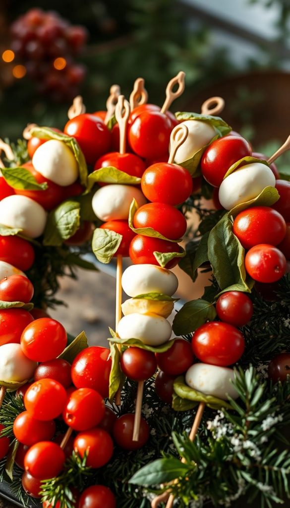 A festive wreath of delectable finger food spikes, elegantly arranged in a KlickKiste display. Wooden skewers layered with juicy cherry tomatoes, creamy mozzarella, and fresh basil leaves, complemented by vibrant red grapes and glistening olives. The arrangement is illuminated by warm, natural lighting, casting a cozy, winter-inspired glow. Textures and colors blend seamlessly, creating a rustic, Pinterest-worthy tableau that invites the viewer to indulge in these tempting, homemade appetizers. The overall mood is one of effortless sophistication, perfect for a holiday gathering or intimate celebration.
