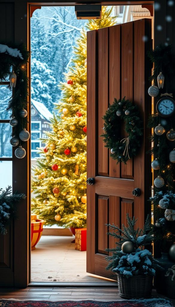 A festively decorated wooden door with a large, lush Christmas tree in the background, casting a warm glow. Soft lighting illuminates the scene, creating a cozy, inviting atmosphere. Delicate glass ornaments, natural pine garlands, and a charming wreath adorn the entryway, welcoming visitors with a touch of holiday cheer. The scene is framed by a snow-dusted window, hinting at the winter wonderland outside. The overall aesthetic is rustic, yet refined, with a touch of whimsy – a perfect representation of a traditional German Christmas setting.