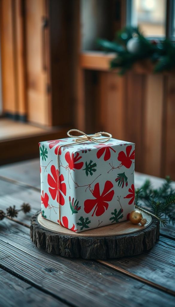 A festively wrapped present stands on a rustic wooden surface, its crisp paper adorned with a bold, wintry pattern. The gift box casts a warm, soft glow, illuminated by a gentle, natural light filtering through a window. Delicate pine branches and a single, glistening ornament accent the scene, creating a cozy, inviting atmosphere. The overall composition evokes a sense of holiday charm, perfectly capturing the essence of thoughtfully curated, sustainable packaging for the Christmas season.