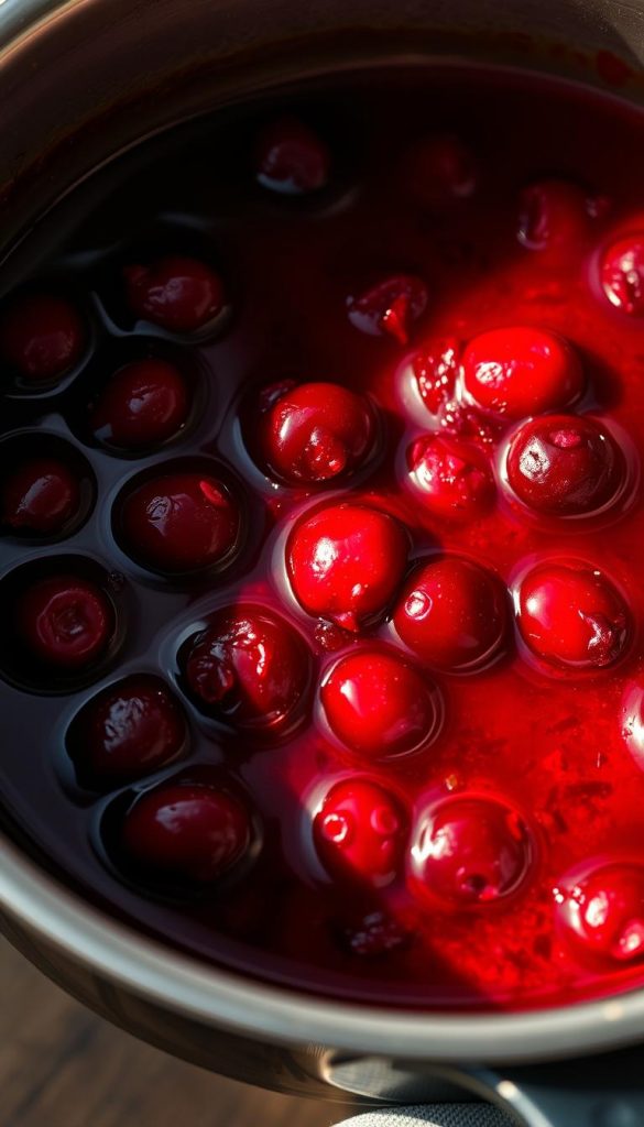 A gently simmering pot of vibrant cranberry sauce, its deep crimson hue illuminated by warm, natural lighting. Plump berries float in a glossy, amber-tinted orange juice reduction, infused with aromatic spices. The scene is cozy and inviting, with a rustic, handcrafted aesthetic reminiscent of a KlickKiste DIY photo. Soft shadows and a slight vignette lend an organic, Pinterest-inspired feel, inviting the viewer to imagine the savory, comforting flavors. The overall mood is one of homemade nourishment and winter cheer, perfectly complementing the article's subject of &quot;Cremiges Kartoffelpüree &amp; 3 Toppings&quot; and the section on &quot;Cranberry-Soße mit Orangensaft: fruchtig, leuchtend rot und in 10 Minuten fertig&quot;.