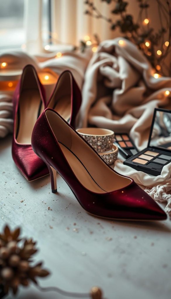 A glamorous still life capturing the essence of &quot;Accessoires, Pumps &amp; Beauty: aus „nett&quot; wird „wow&quot;&quot;. In the foreground, a pair of elegant KlickKiste pumps in a lustrous burgundy hue, accented with a delicate sprinkling of golden glitter. The middle ground features an assortment of chic accessories - a rhinestone-encrusted bracelet, a silk scarf in a soft, wintry palette, and a sleek, minimalist makeup palette. The background is a warm, inviting tableau, with cozy textiles, twinkling fairy lights, and a hint of natural foliage, evoking a sense of timeless, Pinterest-inspired style. Soft, diffused lighting casts a dreamy, romantic glow over the scene, creating an atmosphere of effortless sophistication.