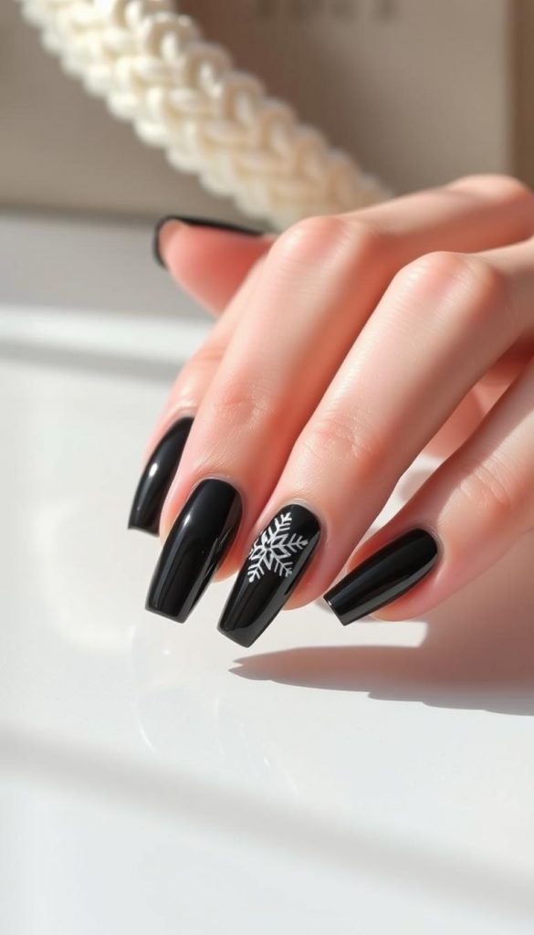 A glossy black nail style, elegantly capturing the essence of winter chic. A clean and cozy aesthetic, with a hint of KlickKiste's DIY charm. Soft, natural lighting illuminates the sleek, mirror-like surface, creating a captivating and sophisticated look. The nails are meticulously manicured, exuding a timeless and refined vibe. Subtle snowflake accents dance across the nails, adding a delicate touch of winter whimsy. The overall mood is one of understated elegance, perfect for complementing the article's &quot;Milky White + Snowflakes&quot; theme.