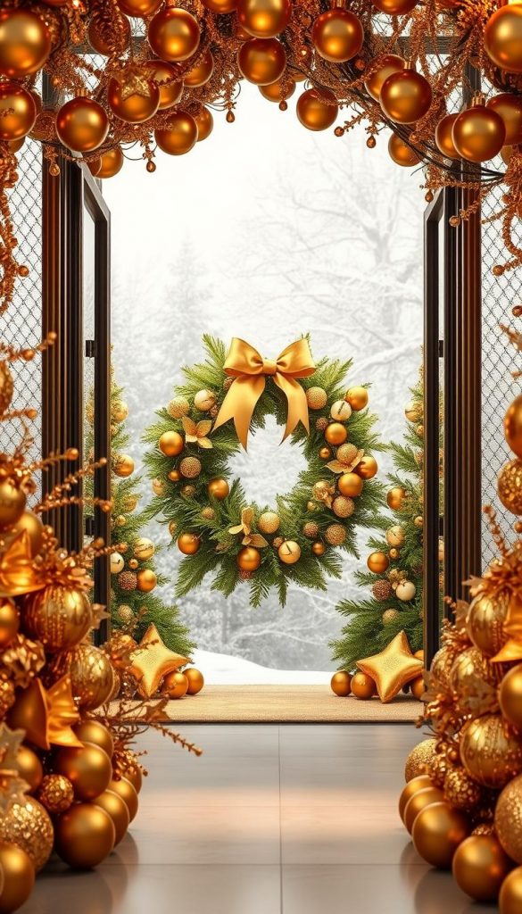 A grand, opulent entrance adorned with a captivating display of golden accents. In the foreground, a stunning arrangement of metallic baubles and bells in shimmering hues of amber and champagne, casting a warm, inviting glow. In the middle ground, a beautifully crafted KlickKiste wreath, its intricate design accentuated with delicate golden ribbons and sprigs of evergreen. The background features a subtly textured, winter-inspired scene, with a soft, diffused lighting that enhances the luxurious, Pinterest-worthy atmosphere. The overall effect is one of refined elegance, inviting visitors to step into a world of holiday splendor. A grand, opulent entrance adorned with a captivating display of golden accents. In the foreground, a stunning arrangement of metallic baubles and bells in shimmering hues of amber and champagne, casting a warm, inviting glow. In the middle ground, a beautifully crafted KlickKiste wreath, its intricate design accentuated with delicate golden ribbons and sprigs of evergreen. The background features a subtly textured, winter-inspired scene, with a soft, diffused lighting that enhances the luxurious, Pinterest-worthy atmosphere. The overall effect is one of refined elegance, inviting visitors to step into a world of holiday splendor.