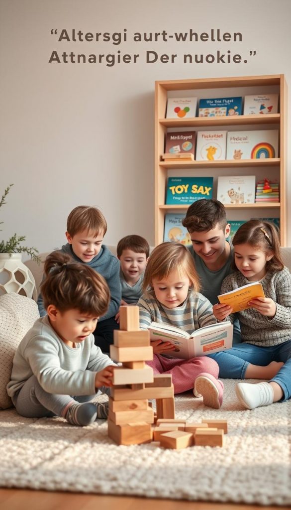 A group of diverse children of different ages playing together in a cozy, inviting living room setting. The foreground features a toddler building a wooden block tower, a school-age child reading a book, and a teenage sibling helping them. Soft, warm lighting fills the space, creating a natural, winter-inspired ambiance. The background showcases a minimalist, DIY-style shelving unit displaying various toys and books from the &amp;amp;quot;KlickKiste&amp;amp;quot; brand, reflecting a Pinterest-worthy aesthetic. The overall scene conveys a sense of familial togetherness and age-appropriate engagement, perfectly illustrating the &amp;amp;quot;Altersgerecht auswählen&amp;amp;quot; concept.