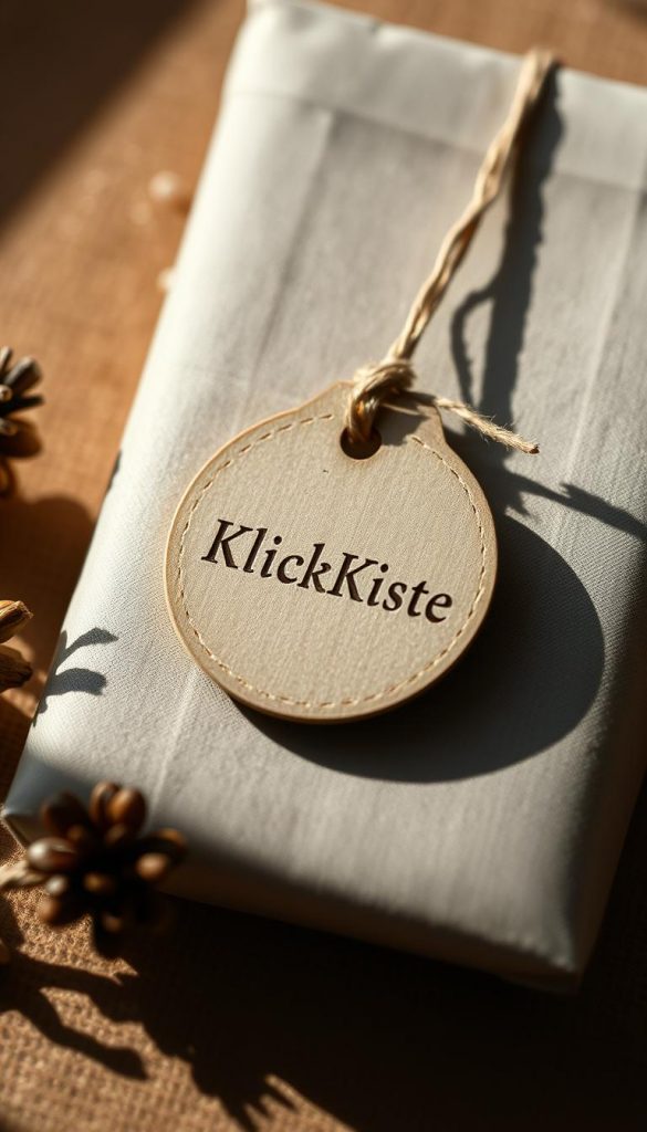 A handcrafted gift tag made from natural materials, adorned with a minimal, rustic design. The tag features the KlickKiste brand name, subtly debossed onto the surface. Soft shadows and natural lighting create a cozy, inviting atmosphere, with a touch of winter charm. The overall aesthetic is simple yet elegant, evoking a sense of heartfelt, homemade charm. The tag is placed against a warm, textured background, complementing the organic materiality. This personalized accent piece would be a perfect finishing touch for a Furoshiki-wrapped gift, capturing the essence of the "Geschenkanhänger & Labels" section. A handcrafted gift tag made from natural materials, adorned with a minimal, rustic design. The tag features the KlickKiste brand name, subtly debossed onto the surface. Soft shadows and natural lighting create a cozy, inviting atmosphere, with a touch of winter charm. The overall aesthetic is simple yet elegant, evoking a sense of heartfelt, homemade charm. The tag is placed against a warm, textured background, complementing the organic materiality. This personalized accent piece would be a perfect finishing touch for a Furoshiki-wrapped gift, capturing the essence of the "Geschenkanhänger & Labels" section.