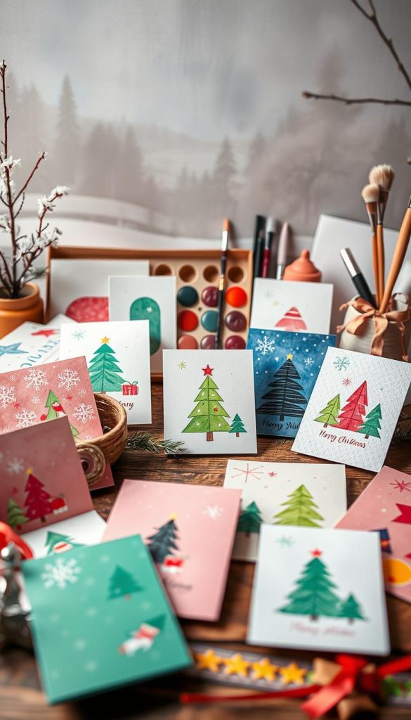 A joyful collection of vibrant, hand-crafted Christmas card templates, captured in a cozy, winter-inspired scene. In the foreground, an assortment of colorful, minimalist card designs with playful holiday motifs - snowflakes, trees, and whimsical shapes. The middle ground showcases a selection of artfully arranged craft supplies - watercolor paints, brushes, and decorative elements like ribbons and glitter. The background evokes a warm, natural ambiance with a soft, muted palette and subtle hints of a snowy landscape. Soft, diffused lighting bathes the entire composition, creating a welcoming, Pinterest-worthy atmosphere that inspires creativity and holiday cheer.
