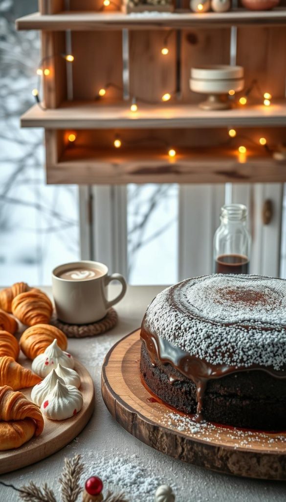 A lavish dessert table set against a cozy winter backdrop, adorned with an array of homemade treats. In the foreground, a rustic wooden platter displays a rich, decadent chocolate cake, its glistening frosting dusted with powdered sugar. Surrounding it, an assortment of delicate pastries, including flaky, golden-brown croissants and bite-sized meringues with a hint of festive red. In the middle ground, a steaming mug of hot cocoa with a swirl of whipped cream rests on a knitted coaster, radiating warmth. The background features a snow-covered landscape, with twinkling fairy lights strung across a vintage wooden shelf, creating a cozy, inviting atmosphere. Soft, natural lighting illuminates the scene, capturing the homemade charm and wintertime allure.