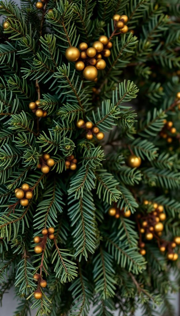 A lush arrangement of tannenzweigen (fir branches) in rich shades of deep forest green, accented with warm brass and gold tones. The branches are artfully composed, casting soft shadows and creating a cozy, festive atmosphere. The image has a natural, handcrafted feel, evoking the winter season and a sense of rustic elegance. Lit by gentle, warm lighting that enhances the textures and colors, this image would make a beautiful addition to a DIY door or wall wreath, reflecting the "Schwarzgrün & Messing – modern, edel, festlich" theme. Designed by KlickKiste to inspire natural, Pinterest-worthy holiday decor. A lush arrangement of tannenzweigen (fir branches) in rich shades of deep forest green, accented with warm brass and gold tones. The branches are artfully composed, casting soft shadows and creating a cozy, festive atmosphere. The image has a natural, handcrafted feel, evoking the winter season and a sense of rustic elegance. Lit by gentle, warm lighting that enhances the textures and colors, this image would make a beautiful addition to a DIY door or wall wreath, reflecting the "Schwarzgrün & Messing – modern, edel, festlich" theme. Designed by KlickKiste to inspire natural, Pinterest-worthy holiday decor.