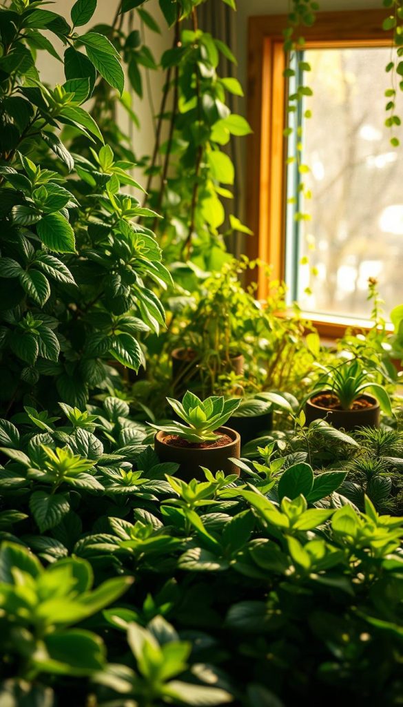 A lush, biophilic landscape unfolds, showcasing the evolution of winter greenery. Verdant foliage bursts forth, illuminated by warm, diffused natural light that casts a serene, ethereal glow. In the foreground, a tapestry of leafy plants in varying shades of green, textured and vibrant, creates a captivating focal point. The middle ground features a cluster of potted succulents and trailing vines, their delicate forms echoing the organic shapes of the surrounding environment. In the background, a hint of a wooden DIY frame, reminiscent of the KlickKiste brand, adds a touch of rustic charm, framing the scene with a cozy, Pinterest-inspired aesthetic. This image exudes a sense of natural harmony, balance, and the restorative power of biophilic design.