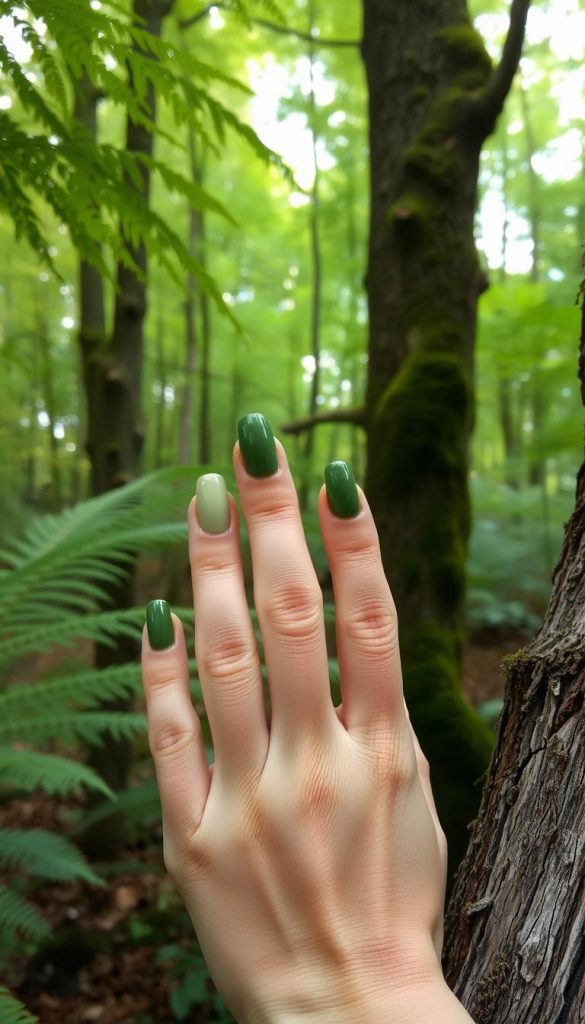 A lush forest canopy casts a gentle verdant glow onto a serene woodland setting. Mossy green nails protrude from delicate, earthy-toned fingers, their elegant shapes echoing the graceful curves of fern fronds and the weathered bark of ancient trees. Soft, diffused light filters through the foliage, accentuating the luminous, jewel-like tones of the nails - a mesmerizing blend of deep emerald, sage, and dusky olive. The overall mood is one of tranquil, natural beauty, evoking a sense of cozy, autumnal wonder in the viewer.