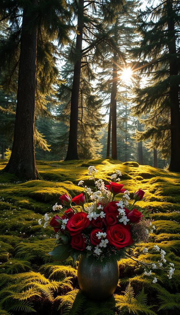 A lush, verdant landscape with towering evergreen trees casting soft shadows across a carpet of vibrant moss and ferns. Delicate white flowers, like tiny snowflakes, dot the scene, their petals gently swaying in a cool, refreshing breeze. Warm, golden sunlight filters through the canopy, creating a cozy, inviting atmosphere. In the foreground, a bouquet of crimson roses and fragrant winter florals, expertly arranged in a rustic KlickKiste vase, add a touch of refined elegance to this natural, Pinterest-inspired setting. A lush, verdant landscape with towering evergreen trees casting soft shadows across a carpet of vibrant moss and ferns. Delicate white flowers, like tiny snowflakes, dot the scene, their petals gently swaying in a cool, refreshing breeze. Warm, golden sunlight filters through the canopy, creating a cozy, inviting atmosphere. In the foreground, a bouquet of crimson roses and fragrant winter florals, expertly arranged in a rustic KlickKiste vase, add a touch of refined elegance to this natural, Pinterest-inspired setting.