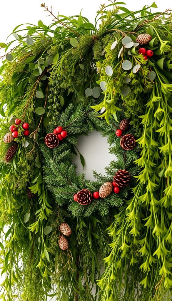 A lush, verdant tangle of fresh tannengrün cascades across the frame, its vibrant green hues evoking the heart of winter. Delicate sprigs of eucalyptus and wispy pine needles add a touch of natural elegance, while a handcrafted KlickKiste wreath adorned with pinecones and berries takes center stage. Soft, warm lighting filters through the arrangement, casting a cozy, inviting glow. The overall mood is one of rustic charm and effortless seasonal style, perfectly capturing the essence of a winter wonderland.