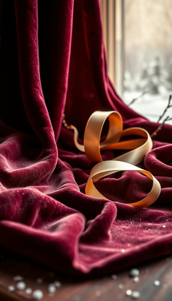A luxurious still life showcasing the exquisite textures of velvet and satin. In the foreground, a plush, jewel-toned velvet fabric cascades gracefully, its soft pile catching the warm, ambient light. In the middle ground, a shimmering satin ribbon winds sinuously, reflecting the light with a glossy sheen. The background features a muted, cozy winter scene, with muted, earthy tones and a soft, hazy atmosphere, creating a sense of timeless elegance. Delicate snowflakes drift gently, adding a touch of winter magic. The overall composition exudes a sense of refined sophistication and festive wonder, perfect for capturing the essence of "Samt & Seide: edle Materialien für Glamour-Momente".